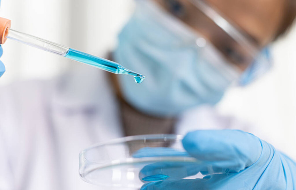 Scientists are carrying blue chemical test tubes to prepare for the determination of chemical composition and biological mass in a scientific laboratory, Scientists and research in the lab Concept. - Valokuva, kuva