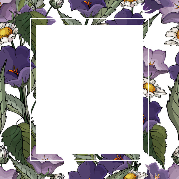 白い背景に花の鐘とカモミールを持つ花の正方形のフレーム。あなたのデザイン、カード、招待状、ギフトに適しています. - ベクター画像