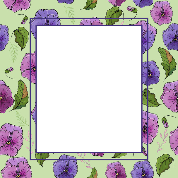 Virágos négyzet alakú keret virágokkal lila árvácskák és zöld levelek zöld háttérrel. Alkalmas a design, kártyák, meghívók, ajándékok. - Vektor, kép