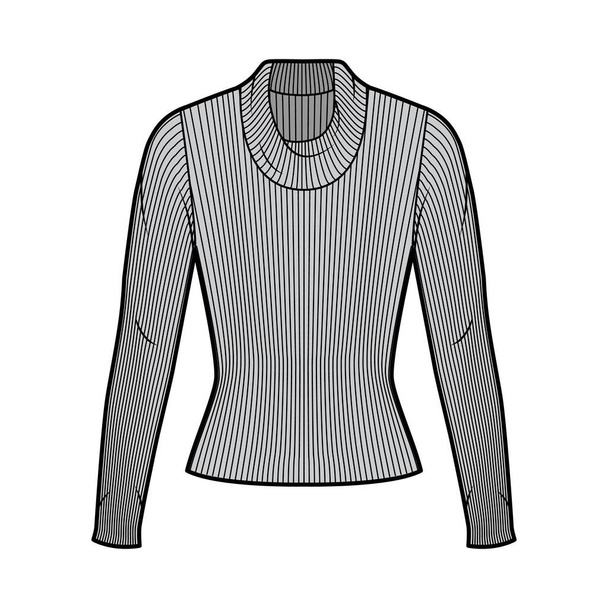 Geribbelde cowl coltrui gebreide trui technische mode illustratie met lange mouwen, nauwsluitende vorm.  - Vector, afbeelding
