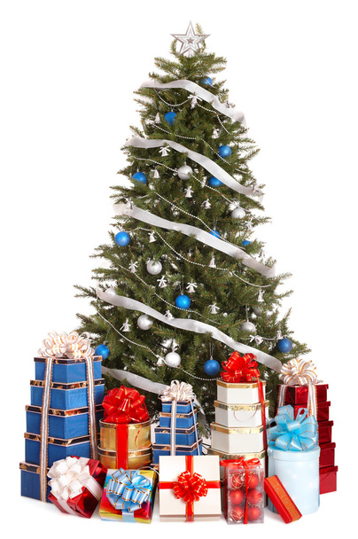 Christmas tree with silver ,blue ball, group gift box. - Photo, Image