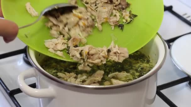 The man adds chopped chicken meat to the chicken broth. Cooking sorrel soup. Regional food. - Felvétel, videó