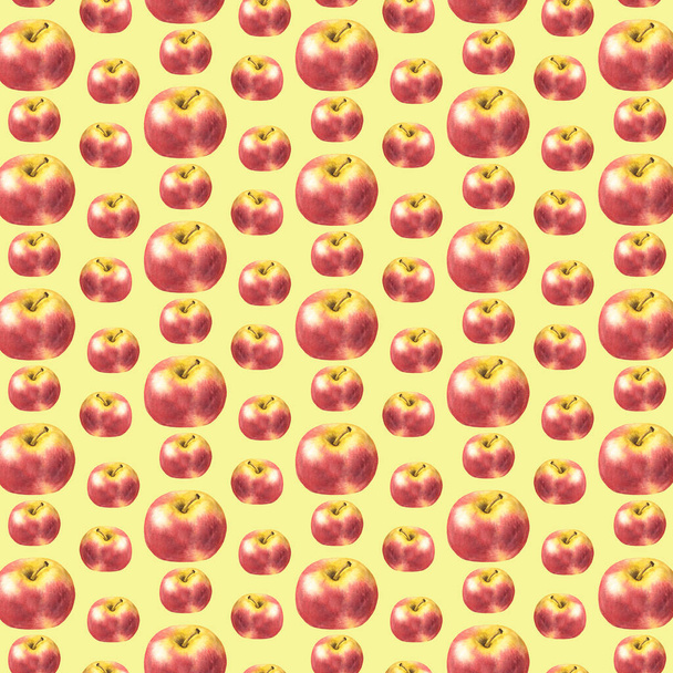 Watercolor hand-drawn seamless pattern with fresh red apples. - Photo, Image