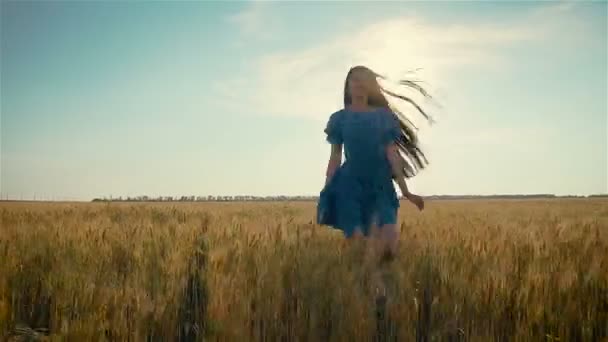 Hermosa chica corriendo en el campo de trigo amarillo. Mujer joven corriendo a través del prado durante la noche de verano
 - Metraje, vídeo