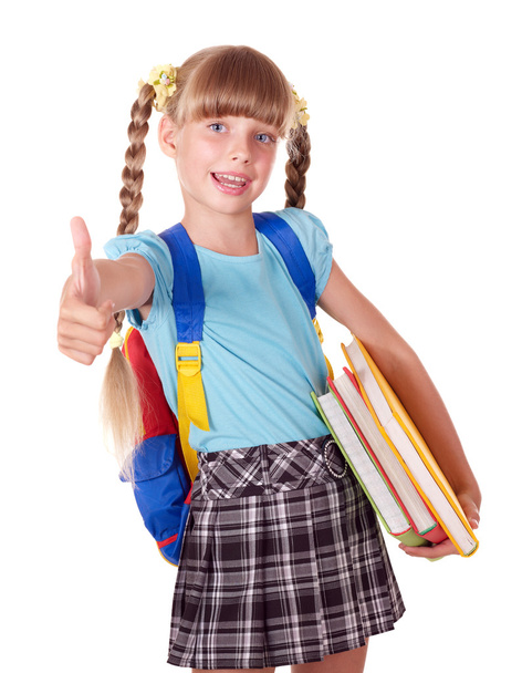 Школярка з рюкзаком тримає книги і показує великий палець вгору
. - Фото, зображення