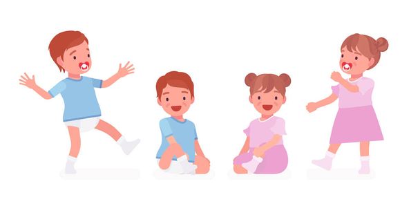 Παιδί νήπιο, μικρό αγόρι και κορίτσι που εκφράζουν διαφορετικά καλά συναισθήματα - Διάνυσμα, εικόνα