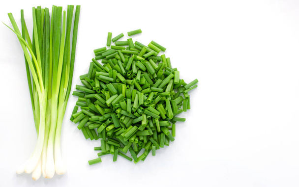 Heap of chopped spring onions isolated on white background - Photo, Image