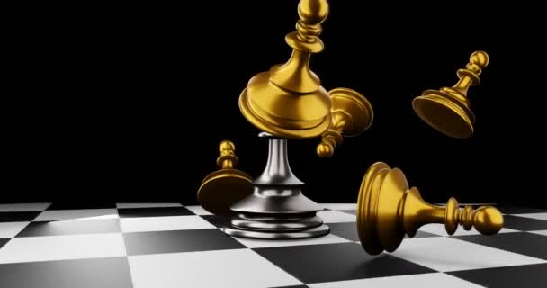 Der König im Kampfschach steht auf einem Schachbrett mit schwarzem Hintergrund. Konzept Geschäftsstrategie, Planung und Entscheidungsfindung. 3D-Rendering. - Filmmaterial, Video