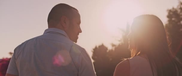 Νεαρό ζευγάρι κοιτάζει ο ένας τον άλλο με αγάπη, χαμογελώντας, ενώ το περπάτημα στο ηλιοβασίλεμα, πίσω όψη. Όμορφες ηλιακές εκλάμψεις, κοντά, αργή κίνηση, ρηχή DOF.  - Πλάνα, βίντεο