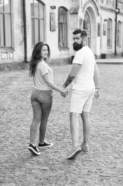 Couple in love. Man and woman sunny day outdoors. Together forever. Mutual sympathy. Couple relations goals. Enjoy every moment. Peaceful romantic people. Family love. Love story. Romantic relations - Foto, afbeelding