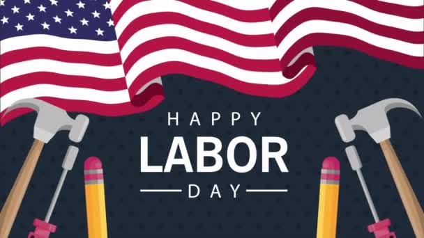 ευτυχισμένη ημέρα εργασίας γιορτή με σημαία ΗΠΑ και εργαλεία - Πλάνα, βίντεο