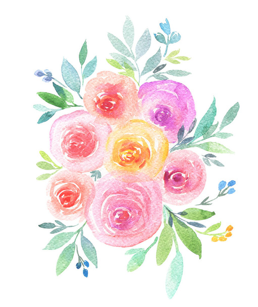 Hand drawing boho watercolor floral illustration with pink and yellow flowers, green branches, leaves. Watercolor roses on white background. Isolated - Photo, Image
