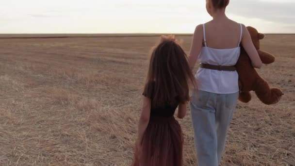 Moeder loopt met het kind in het veld - Video