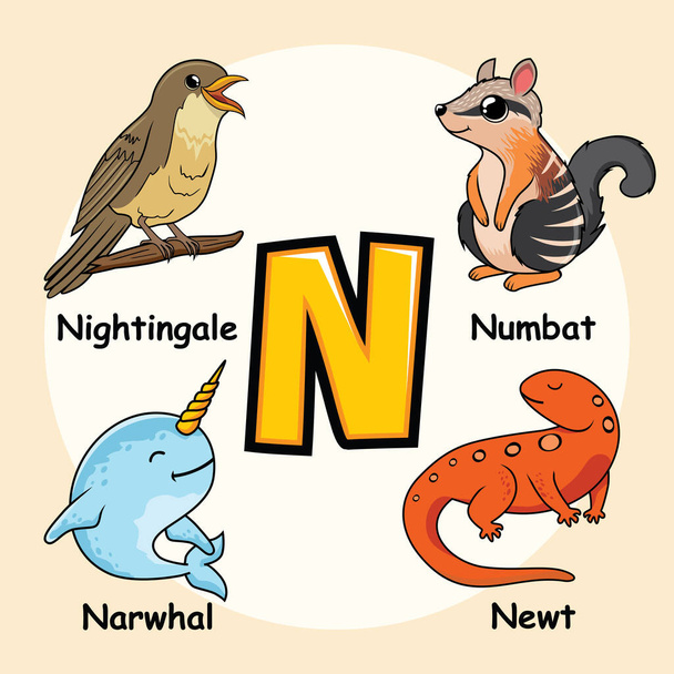 Χαριτωμένα ζώα αλφάβητο γράμμα Ν για Narwhal Newt Numbat Nightingale πουλί - Διάνυσμα, εικόνα