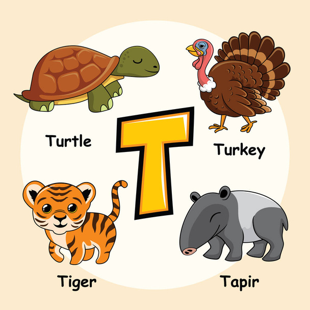 Roztomilé zvířecí abeceda písmeno t pro želví tygr krůtí tapír - Vektor, obrázek