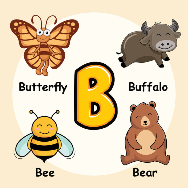 Симпатичные животные алфавит буква B для бабочки Буффало Bee Bear - Вектор,изображение