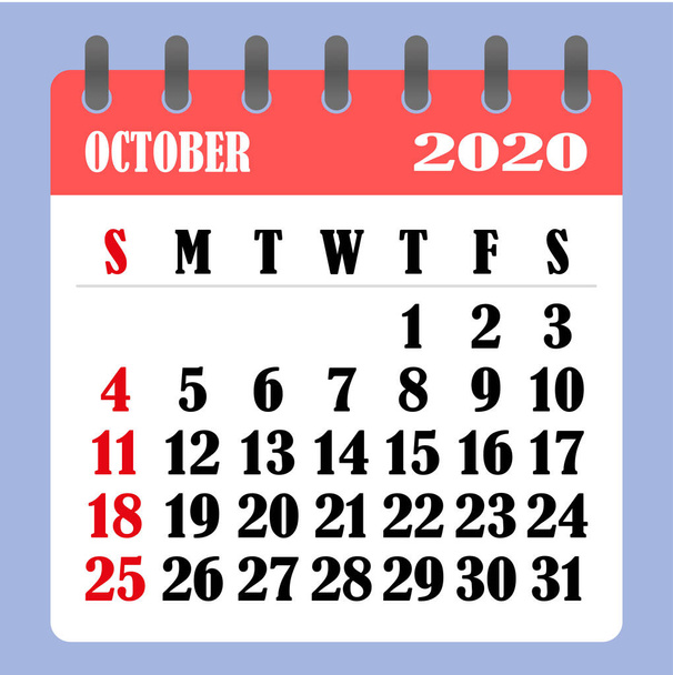 Ekim 2020 için mektup takvimi. Hafta pazar günü başlıyor. Zaman, planlama ve planlama konsepti. Düz dizayn. Aylık çıkarılabilir takvim. Vektör illüstrasyonu - Vektör, Görsel