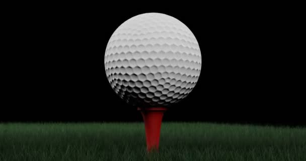 3D-weergave. De bereidheid van de concurrentie en symbool van de overwinning de golfbal draaien op rode golf tees de vloer van het gazon in het spel met een zwarte kleur achtergrond. succesconcept. - Video