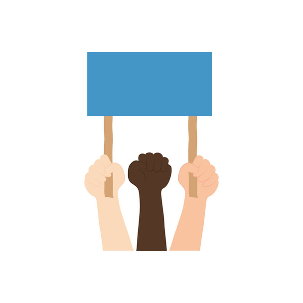 протестующие руки с пустым значком плаката, плоский стиль - Вектор,изображение