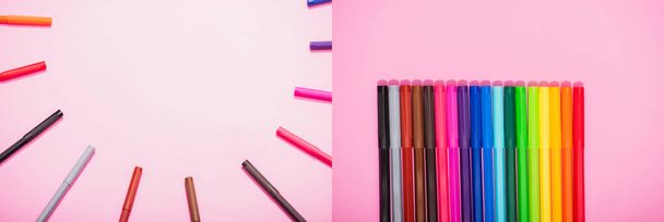 colagem de moldura vazia e fileira de canetas de feltro multicoloridas, conceito horizontal
 - Foto, Imagem
