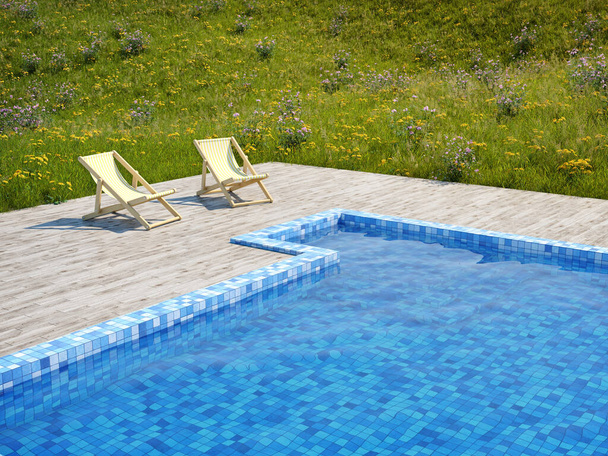 Zwembad met houten vloer en ligstoelen in weide met bloemen, 3D illustratie, rendering. - Foto, afbeelding