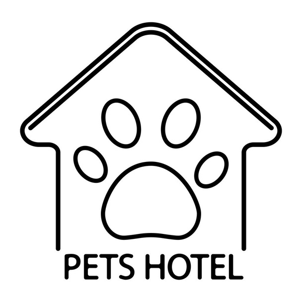 Zvířecí hotel, šablona designu loga. Logotyp hotelu pro domácí mazlíčky v obrysovém stylu. Symbol psa nebo kočky doma s ikonou tlapky uvnitř, izolované na bílém pozadí. Vektor - Vektor, obrázek