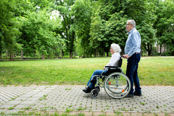 Пара пожилых людей катаются и прогуливаются в парке, концепция инвалидного кресла - Фото, изображение
