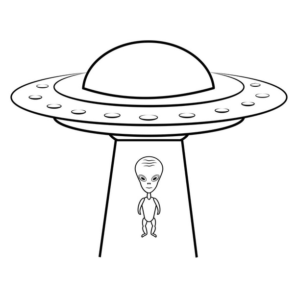 UFO-kuvake. Hahmotelkaa avaruusalus muukalaisten kanssa. UFO:n ääriviivat. Lentävä lautanen. Avaruusalus valkoisella pohjalla. Vektori - Vektori, kuva
