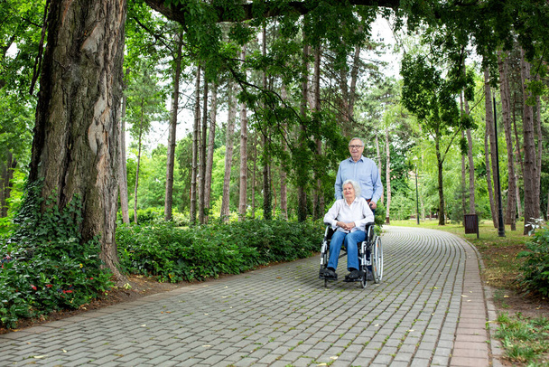 Senior couple together through tough times spending time together in the park, wheelchair concept - Photo, Image