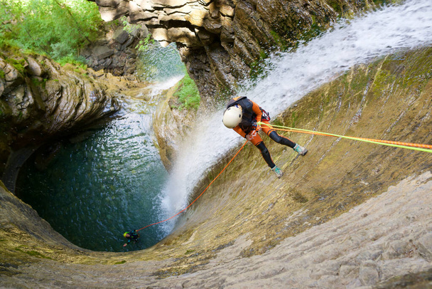 Canyoneering Furco Canyon in Pyrenees, Broto village, Huesca Province in Spain. - Foto, Imagem