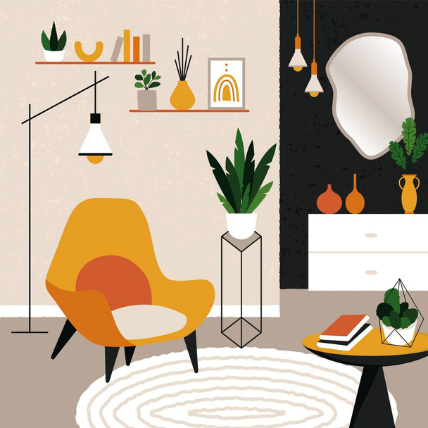 Wohnzimmereinrichtung mit Sessel. Loft eingerichtete Wohnung skandinavischen Hygge-Stil, Zimmerpflanzen Regallampe Tisch Spiegel flache Vektor-Design - Vektor, Bild