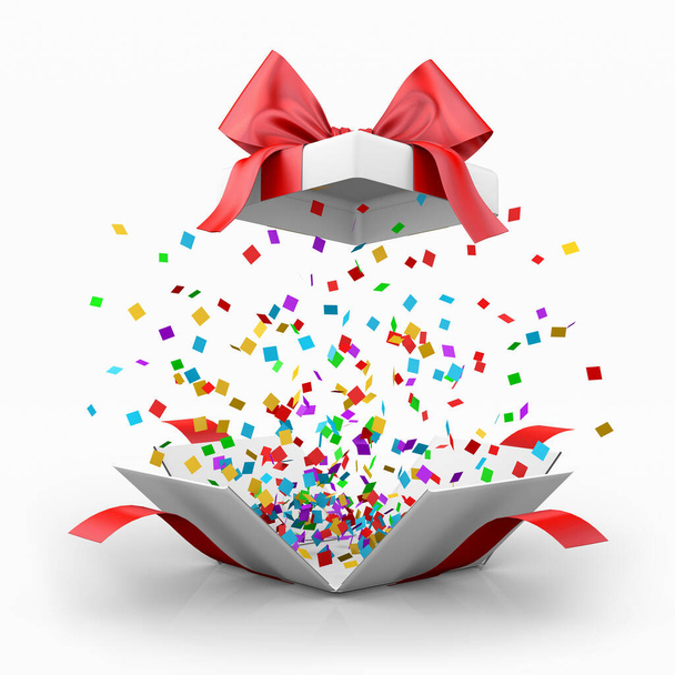 Ouvert boîte cadeau réaliste avec arc rouge et confettis. coffret cadeau rendu 3d - Photo, image
