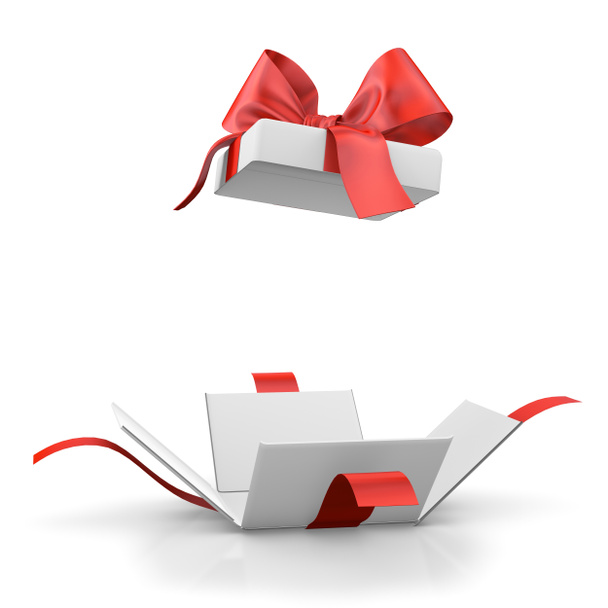 クリスマスのためのギフトボックス,新年の日,赤いギフトボックスを開く白い背景3Dレンダリング - 写真・画像