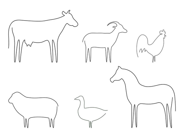 Çiftlik hayvanları çizgisi vektör illüstrasyonunu ayarladı. İnek, horoz, keçi, at, koyun ve kaz beyazı izole edilmiş. Evcil hayvan koleksiyonu. Aralıksız çizgili hayvan grubu. - Vektör, Görsel