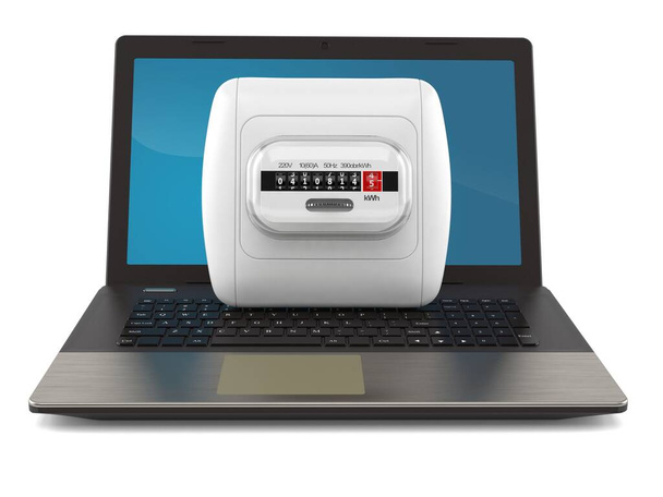 Misura dell'elettricità con laptop isolato su sfondo bianco. Illustrazione 3d - Foto, immagini