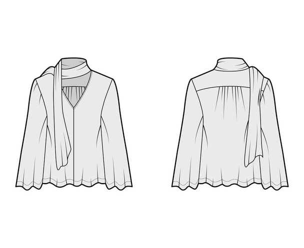 Блузка-пісяюча блузка технічна модна ілюстрація з дитячим тілом ляльки, глибокий V-подібний, довгий круглий рукав туніки
. - Вектор, зображення