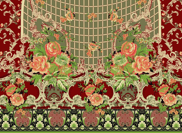 Σχεδιασμός συνόρων διακόσμησης. Μια κινέζικη σύνθεση λουλουδιών τα φύλλα και τα λουλούδια με μπαρόκ μοτίβο φόντο για την κλωστοϋφαντουργία και την ψηφιακή εκτύπωση - εικονογράφηση - Φωτογραφία, εικόνα