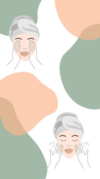 La donna con un asciugamano in testa si prende cura del suo viso. Serie di illustrazioni stock isolate. Per la pubblicità di cosmetici, post sui social network, banner, pubblicazioni, messaggi. - Vettoriali, immagini