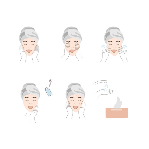 Woman with a towel on his head takes care of her face. Set of isolated stock illustrations. For advertising cosmetics, posts on social networks, banners, publications, messages. - Vector, afbeelding