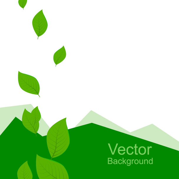 Background green with a geometric pattern and flowing leaves. Vector illustration . Floral green background for text. Leaves fly up - Vektor, Bild