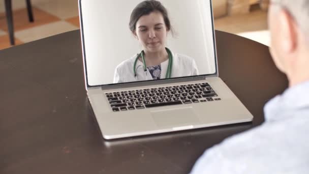 Male Patient Have Video Call Consult with Doctor Female Nurse Using Laptop, Talking with Physician, Discuss Symptoms with GP on Computer Online - Кадры, видео