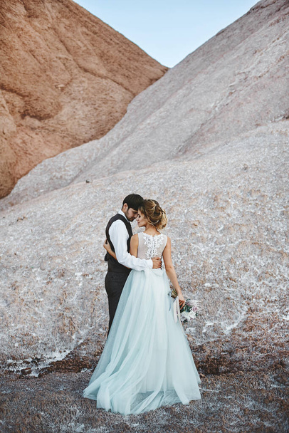Stylish wedding couple, a young bride and handsome groom, standing together and hugging, over the beautiful landscape with mountains - Photo, image