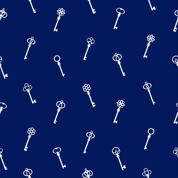 Antike Schlüssel minimalistischen Stil blau-weißen Muster. Vektor-nahtloses Muster-Design für Textilien, Mode, Papier und Verpackung. - Vektor, Bild