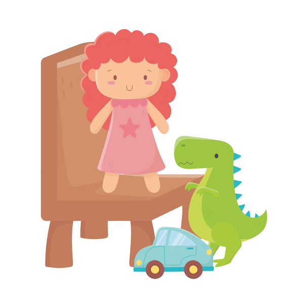 παιδιά παιχνίδια κούκλα σε καρέκλα δεινόσαυρος και αυτοκίνητο αντικείμενο διασκεδαστικό κινούμενα σχέδια - Διάνυσμα, εικόνα