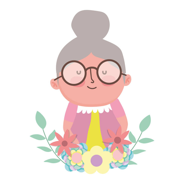 ημέρα παππούδων, χαριτωμένο γιαγιά χαρακτήρα κινουμένων σχεδίων λουλούδια διακόσμηση φυλλώματος - Διάνυσμα, εικόνα