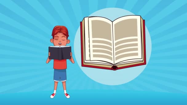 little student boy reading books animated character - Footage, Video