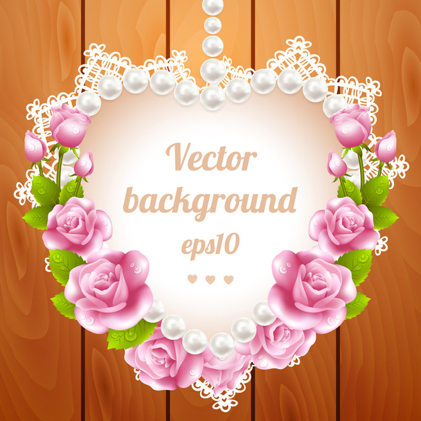Pink rose and pearls frame on wood background - Vettoriali, immagini