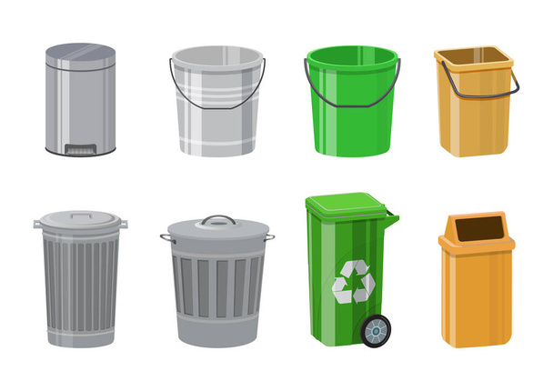 Colorful recycle trash bin set. Trash bin with pedal and swing top. Metal bucket with cap. Vector illustrations - Vector, Image