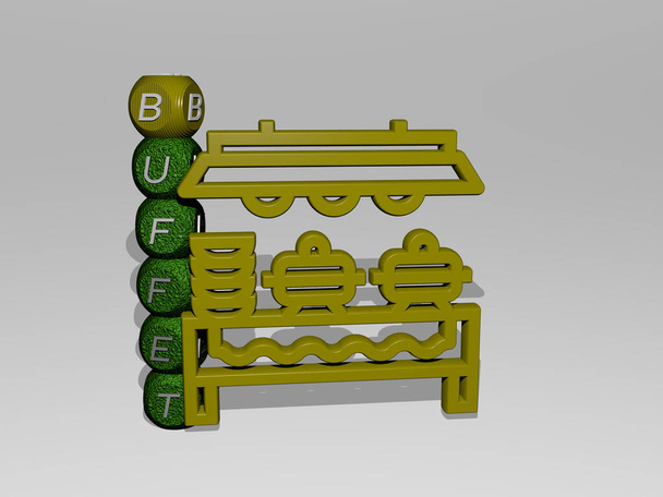 3D-Illustration von BUFFET-Grafiken und Text rund um das Symbol, hergestellt durch metallische Würfelbuchstaben für die damit verbundenen Bedeutungen des Konzepts und der Präsentationen. Lebensmittel und Hintergrund - Foto, Bild