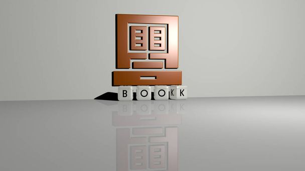 3D-Darstellung von Buch mit Icon an der Wand und Text, angeordnet durch metallische kubische Buchstaben auf einem Spiegelboden für Konzeptbedeutung und Diashow-Präsentation. Abbildung und Hintergrund - Foto, Bild